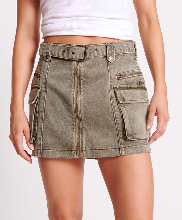 One Teaspoon Utility Biker Denim Mini Skirt - Old Khaki