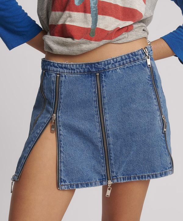 One Teaspoon Zip Mid Waist Micro Mini Denim Skirt - Blue Estate