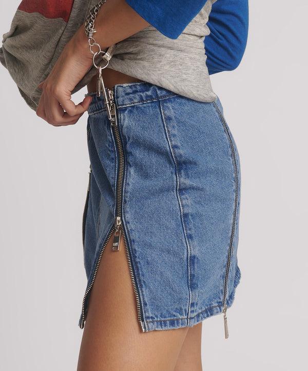 One Teaspoon Zip Mid Waist Micro Mini Denim Skirt - Blue Estate