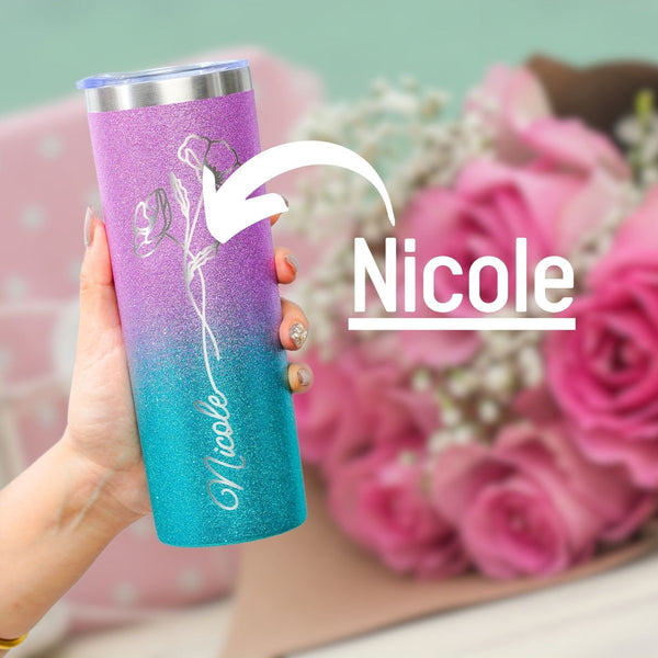 Onebttl Personalized Birthday Gifts - Customized Name And Birth Month Flowers On Stainless Steel Tumbler