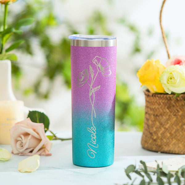 Onebttl Personalized Birthday Gifts - Customized Name And Birth Month Flowers On Stainless Steel Tumbler