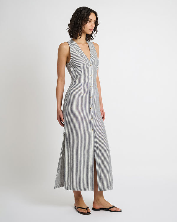 Onia Air Linen Button Down Maxi Dress Deep Navy/White