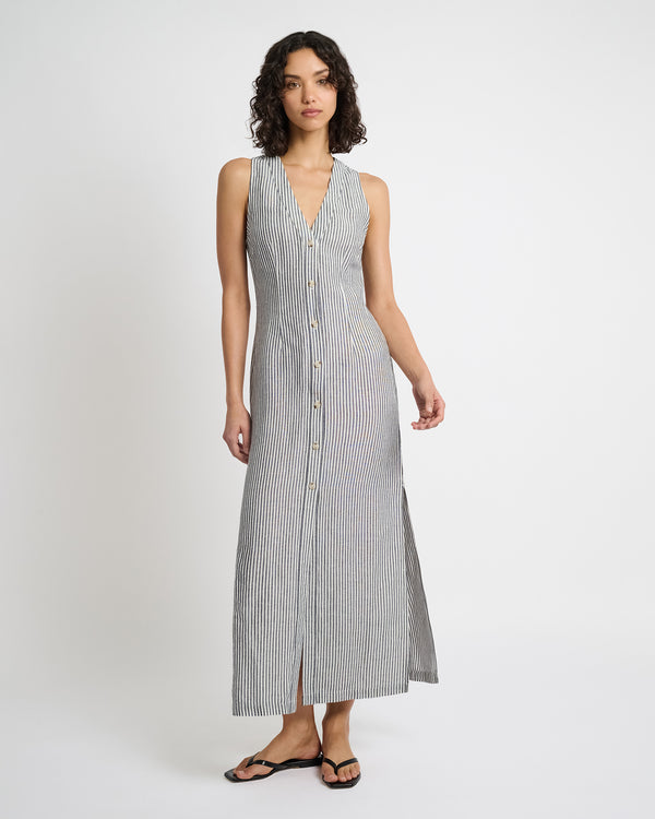 onia Air Linen Button Down Maxi Dress Deep Navy/White