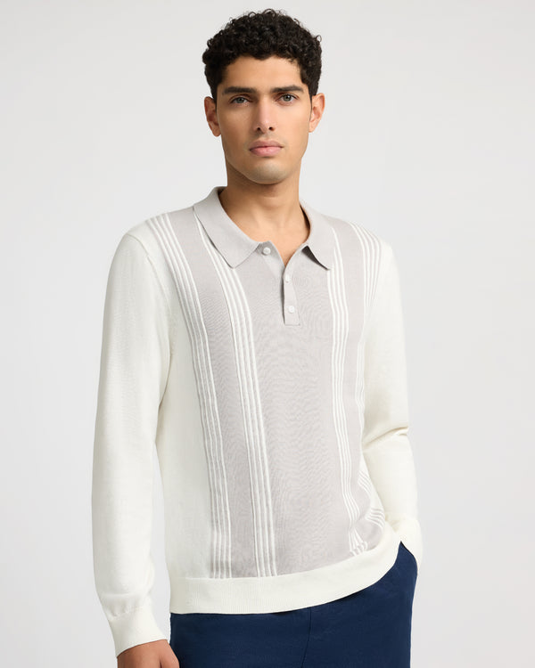 Onia Cotton Knit Long Sleeve Polo Sweatshirt Quiet Grey/White