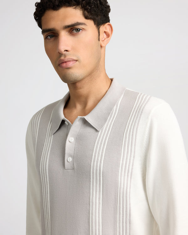 Onia Cotton Knit Long Sleeve Polo Sweatshirt Quiet Grey/White