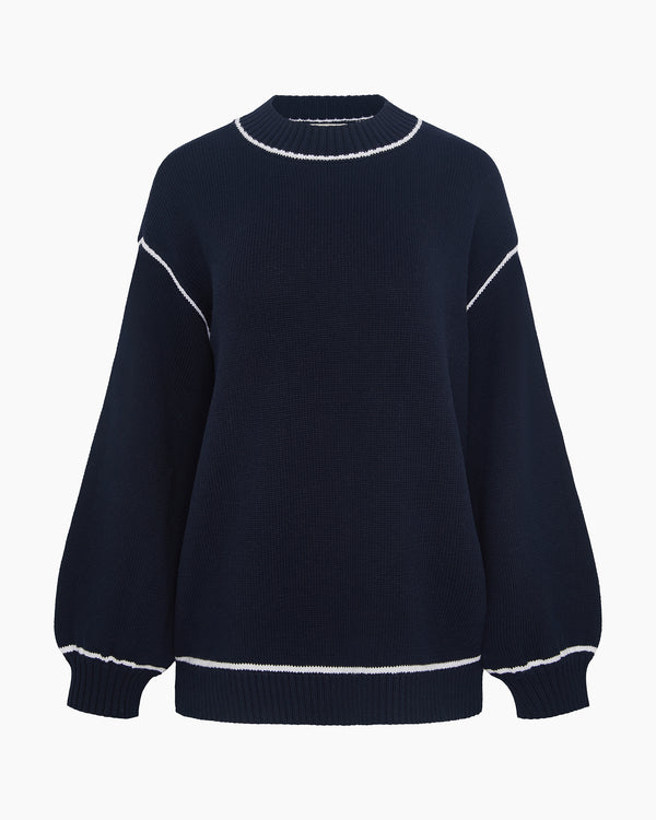 Onia Cotton Oversized Mock Neck Sweater Noir Navy/White