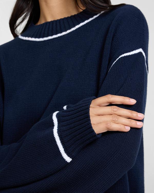 Onia Cotton Oversized Mock Neck Sweater Noir Navy/White