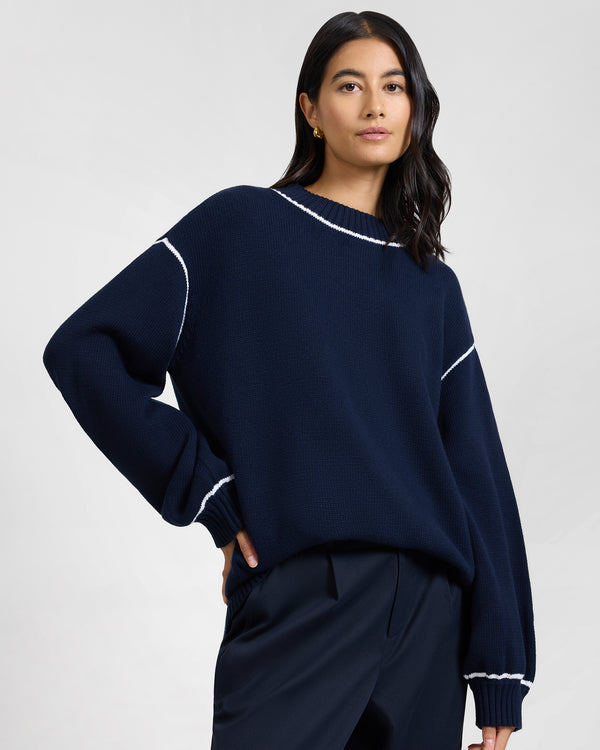 onia Cotton Oversized Mock Neck Sweater Noir Navy/White