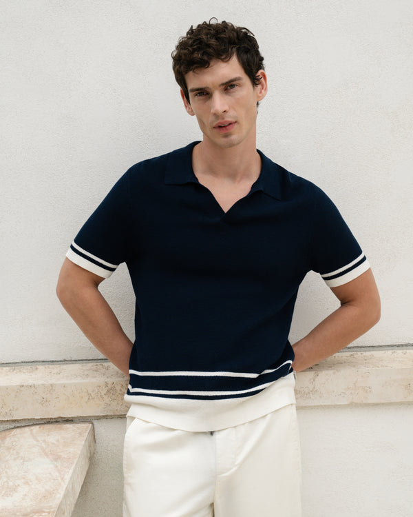 Onia Cotton Textured Johnny Collar Polo Midnight/Egret