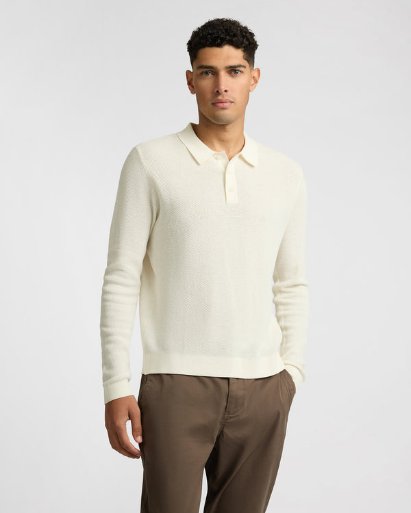 Onia Cotton Textured Knit Long Sleeve Polo Sweatshirt Ecru