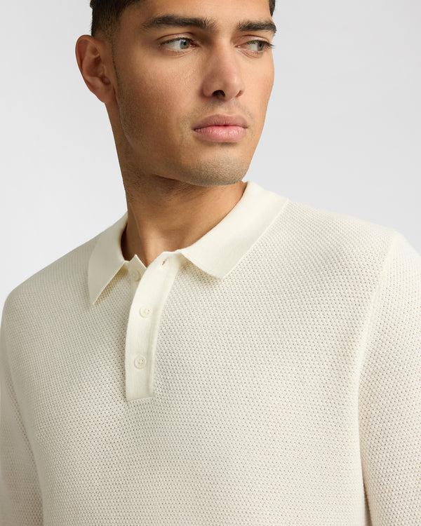 Onia Cotton Textured Knit Long Sleeve Polo Sweatshirt Ecru