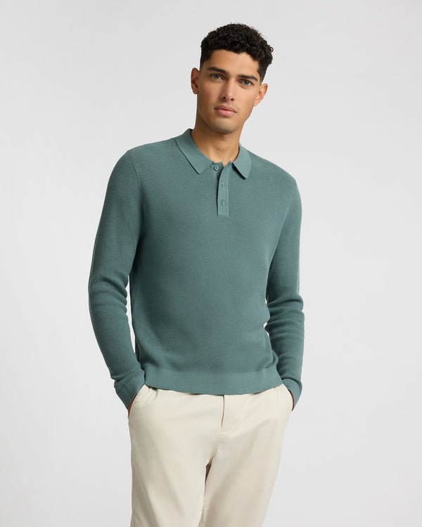 Onia Cotton Textured Knit Long Sleeve Polo Sweatshirt Fern