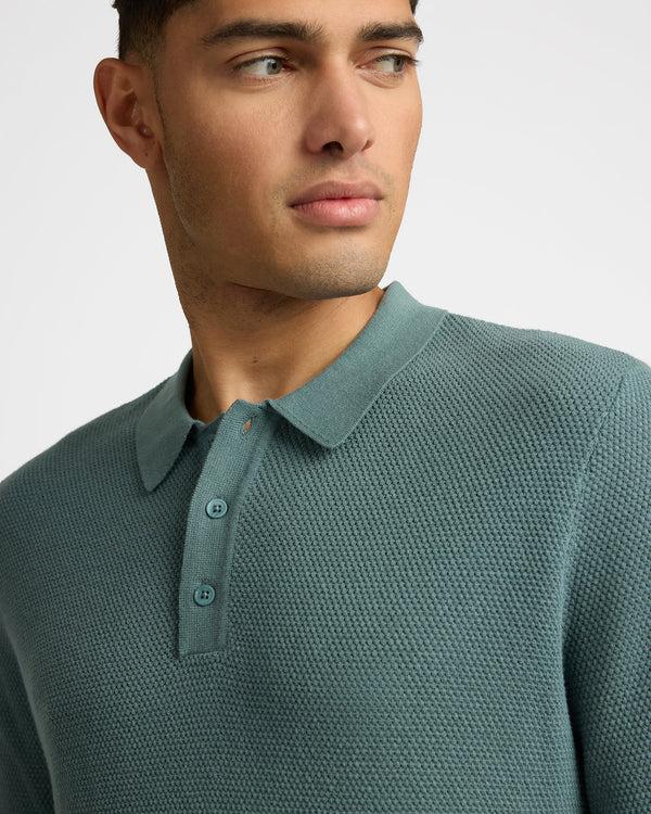 Onia Cotton Textured Knit Long Sleeve Polo Sweatshirt Fern