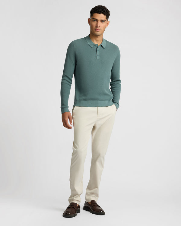 Onia Cotton Textured Knit Long Sleeve Polo Sweatshirt Fern