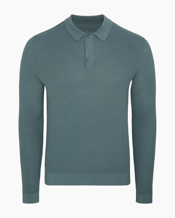 onia Cotton Textured Knit Long Sleeve Polo Sweatshirt Fern