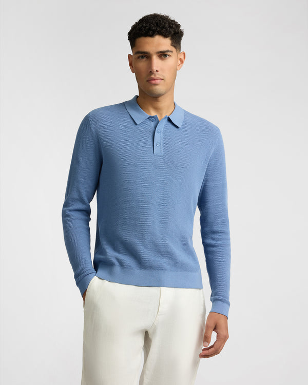 Onia Cotton Textured Knit Long Sleeve Polo Sweatshirt Indigo