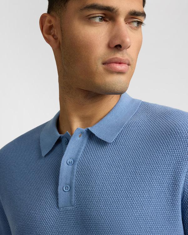 Onia Cotton Textured Knit Long Sleeve Polo Sweatshirt Indigo