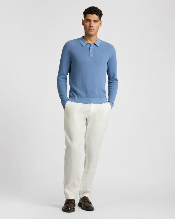 Onia Cotton Textured Knit Long Sleeve Polo Sweatshirt Indigo