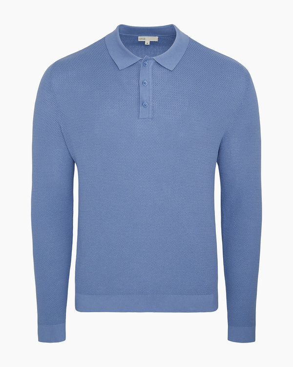 onia Cotton Textured Knit Long Sleeve Polo Sweatshirt Indigo