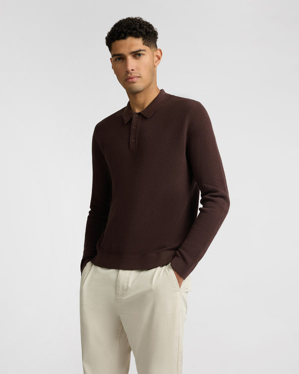 Onia Cotton Textured Knit Long Sleeve Polo Sweatshirt Java
