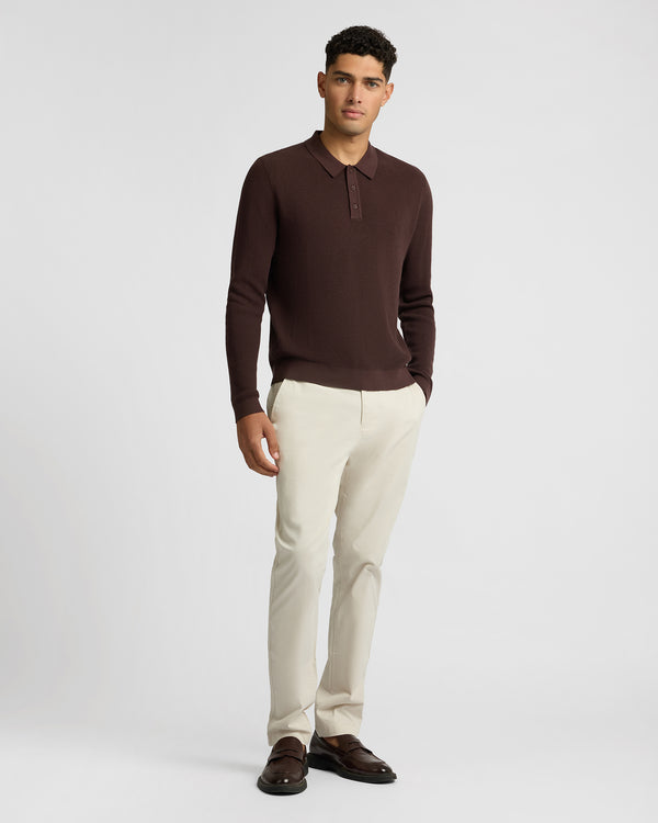 Onia Cotton Textured Knit Long Sleeve Polo Sweatshirt Java