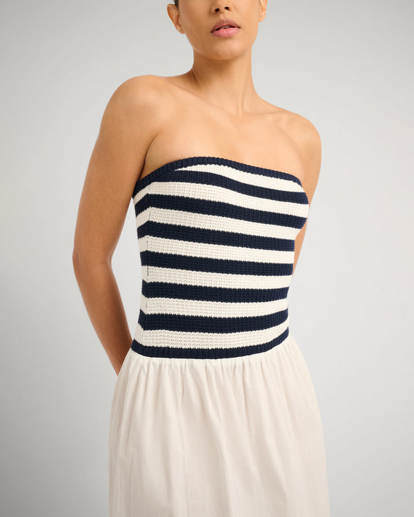 Onia Crochet Knit Poplin Maxi Dress Deep Navy/White