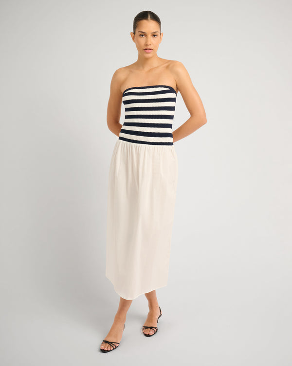 onia Crochet Knit Poplin Maxi Dress Deep Navy/White