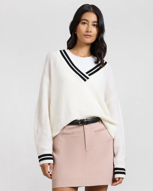 onia Deep V-neck Varsity Pullover Sweater Off White/Black