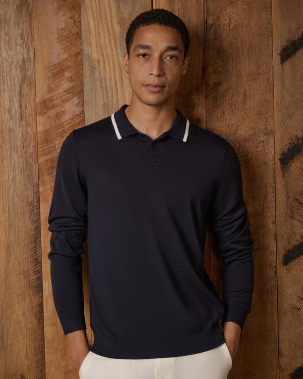 Onia Extra Fine Merino Wool Long Sleeve Polo Midnight/White
