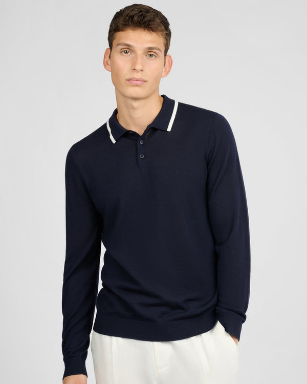 Onia Extra Fine Merino Wool Long Sleeve Polo Midnight/White