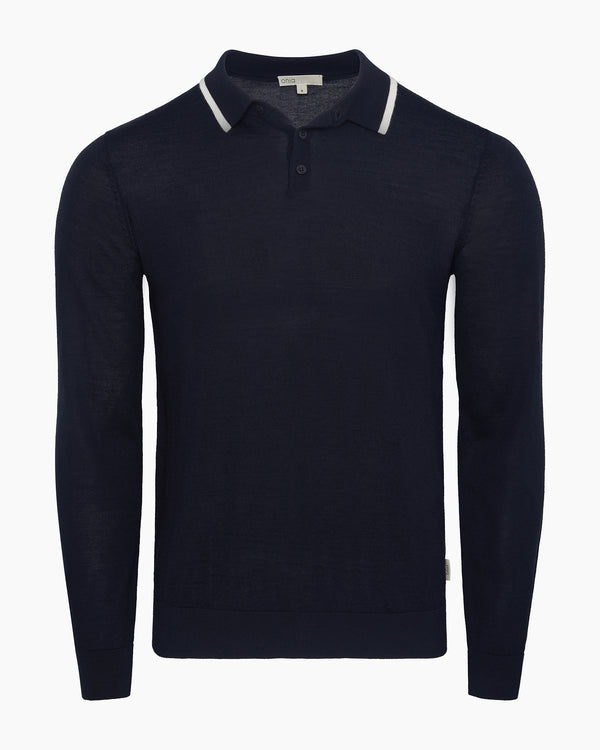 onia Extra Fine Merino Wool Long Sleeve Polo Midnight/White