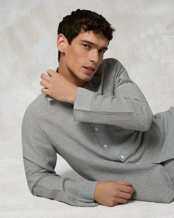 Onia Linen Home Long Sleeve Camp Shirt Deep Navy/White