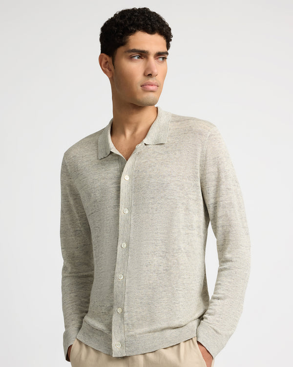 Onia Linen Long Sleeve Sweater Polo Light Grey Melange