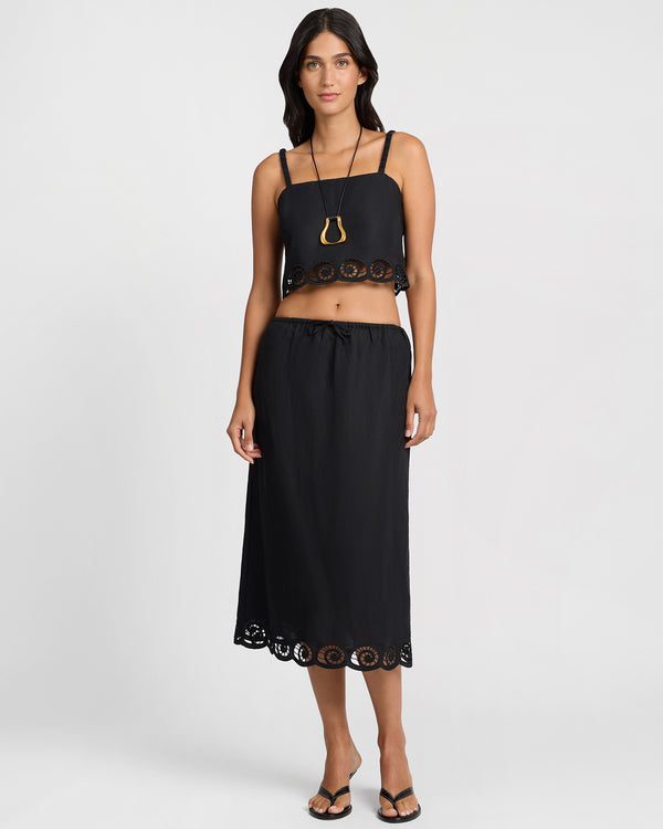 Onia Air Linen Scallop Midi Skirt Black