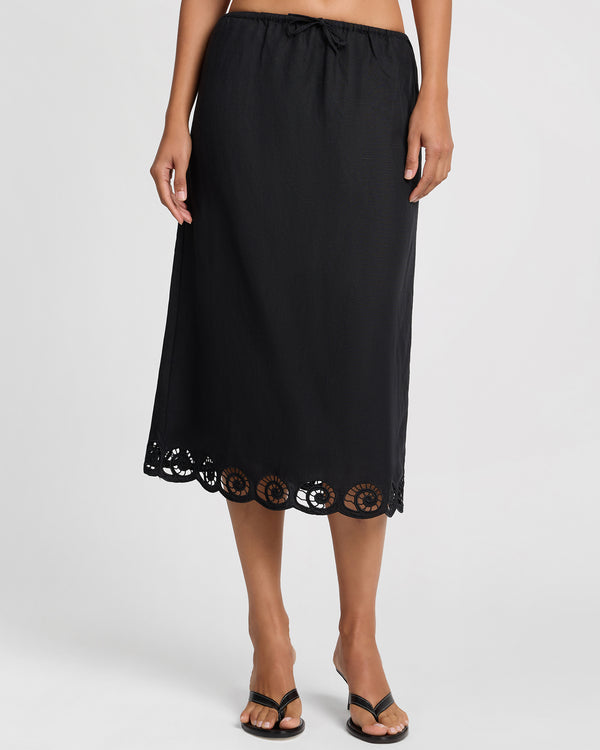 onia Air Linen Scallop Midi Skirt Black