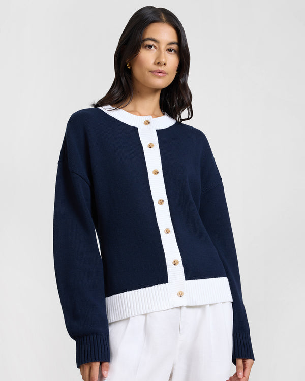 onia Cotton Fitted Cardigan Noir Navy/White