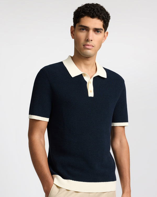 Onia Cotton Linen Knit Polo Midnight/Egret