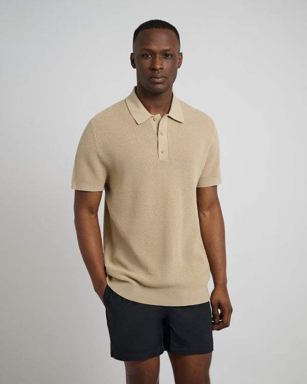 Onia Cotton Textured Knit Polo Sand