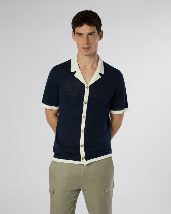 Onia Linen Knit Camp Shirt Deep Navy/White
