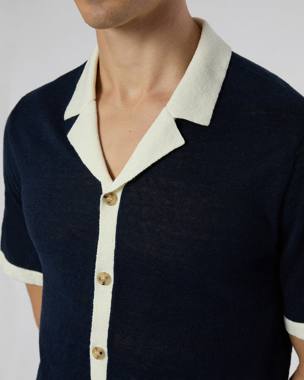 Onia Linen Knit Camp Shirt Deep Navy/White