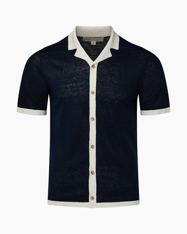 onia Linen Knit Camp Shirt Deep Navy/White