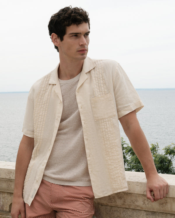 Onia Linen Pintuck Camp Shirt Natural