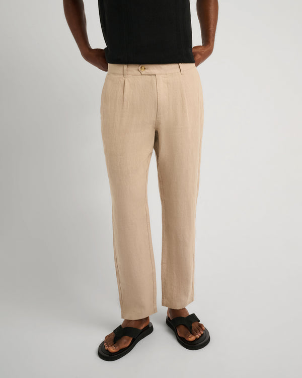 Onia Linen Tapered Pleated Trouser Tan