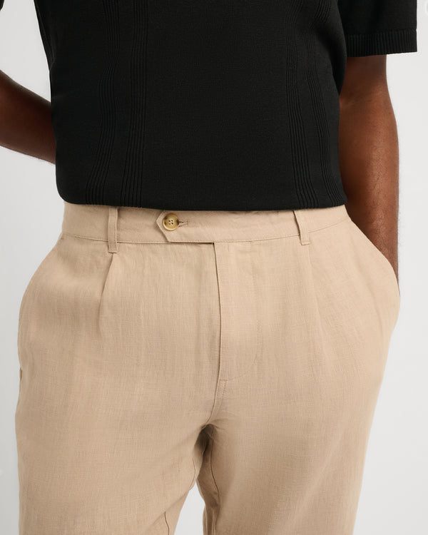 Onia Linen Tapered Pleated Trouser Tan