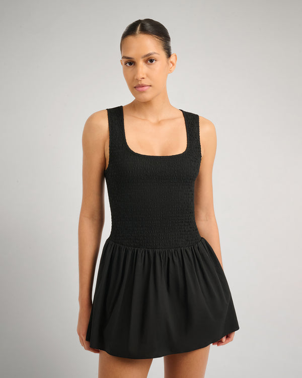 Onia Poplin Smocked Mini Dress Black