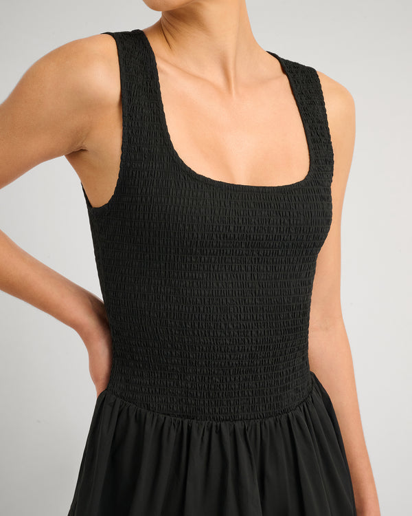 Onia Poplin Smocked Mini Dress Black
