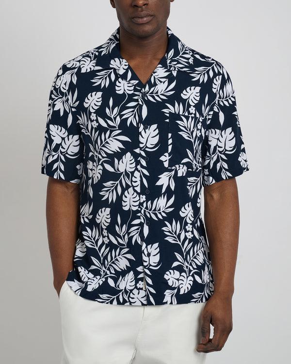 Onia Viscose Camp Collar Shirt Navy White