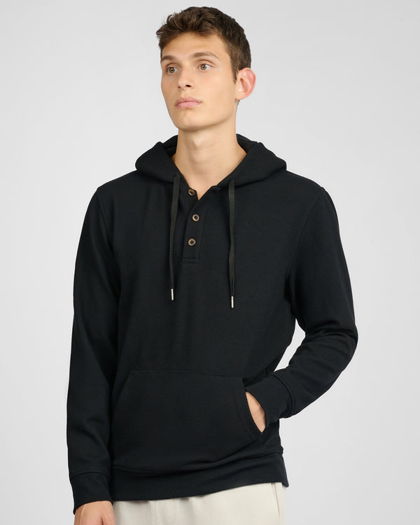 Onia Waffle Half Button Hoodie Black