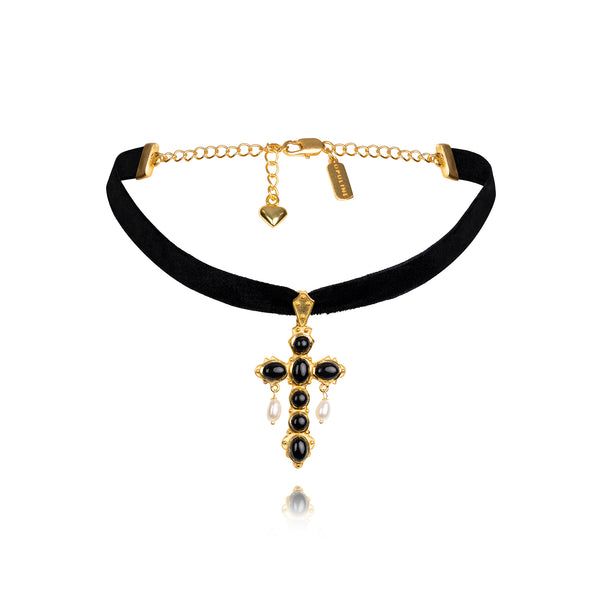 opuline Scarlet Black Onyx Cross Ribbon Choker