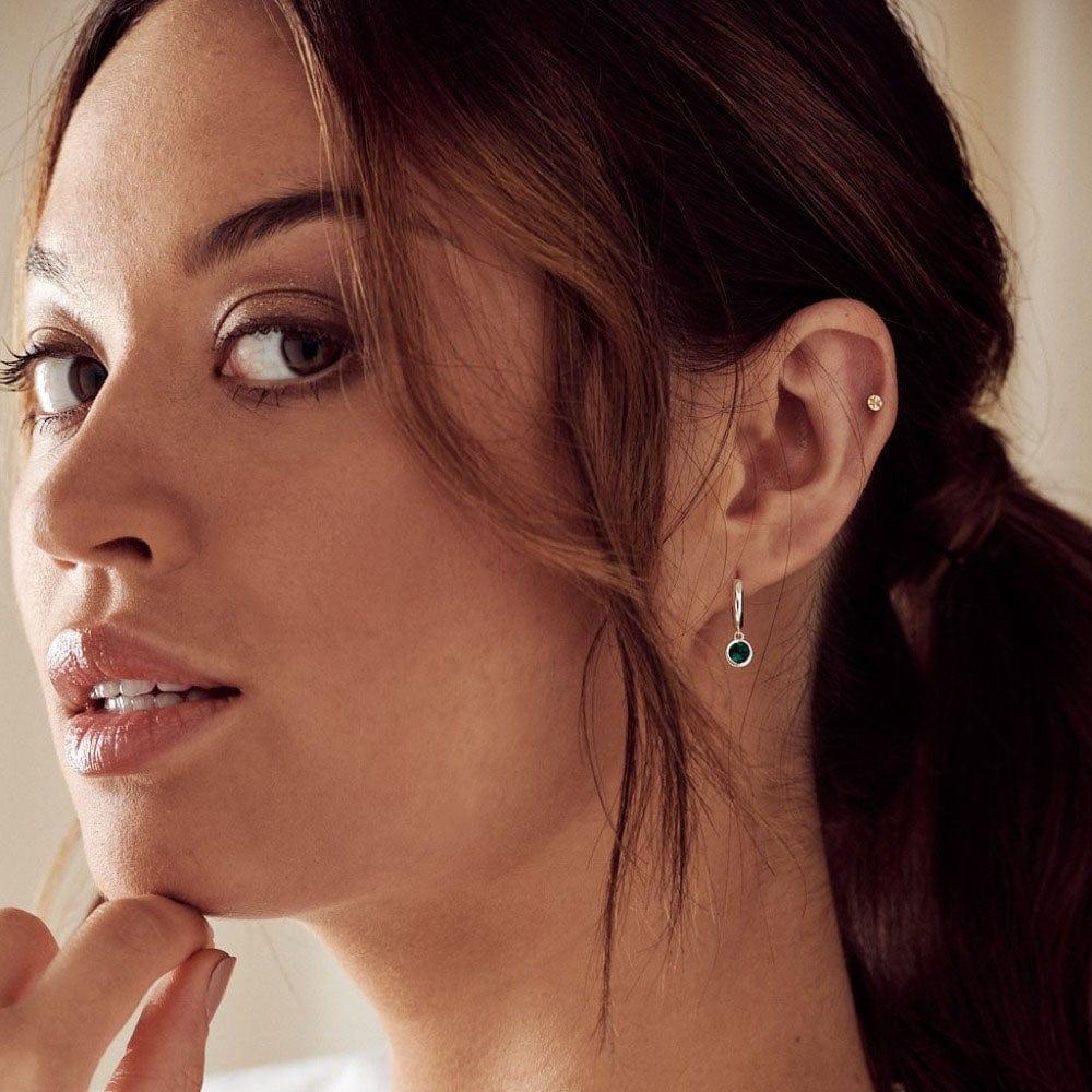 Orelia Emerald Drop Huggie Hoop Earrings Made With Swarovski® Crystals - Silver